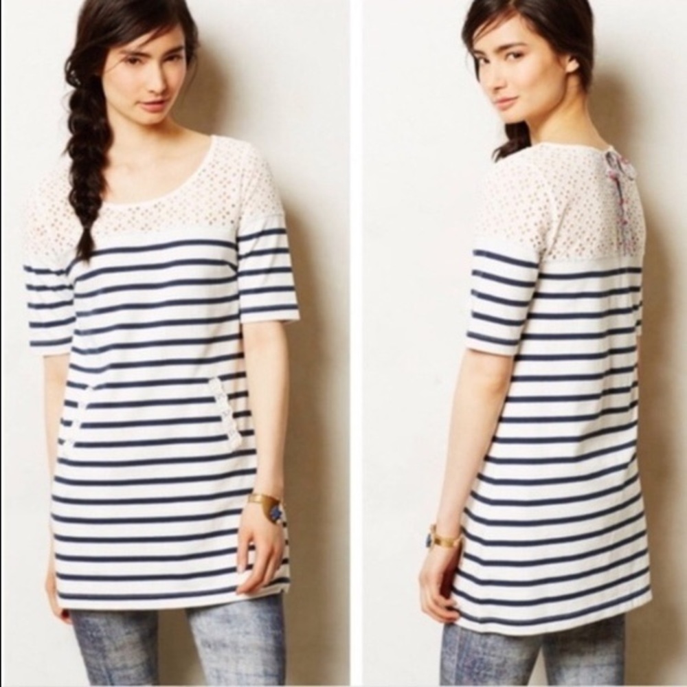 Anthropologie Postmark navy striped W/ lace dress